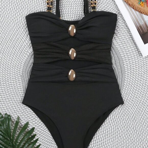 Black Sexy Women's Colorblock Hollow Out One Piece Swimsuit - Picture 2 of 5